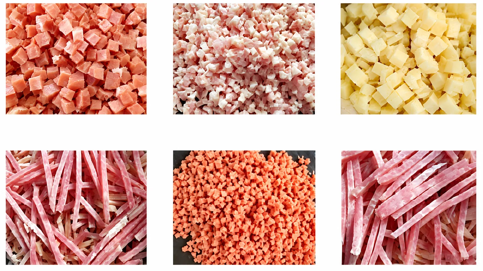 3D frozen meat dicer showing cube and strip output product quality